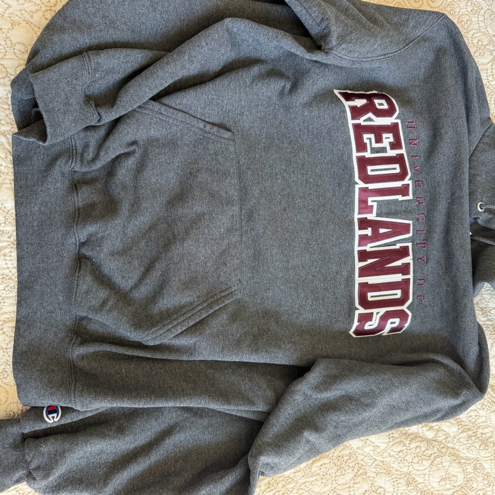 Champion Gray Crewneck Sweatshirt with Redlands Maroon Logo